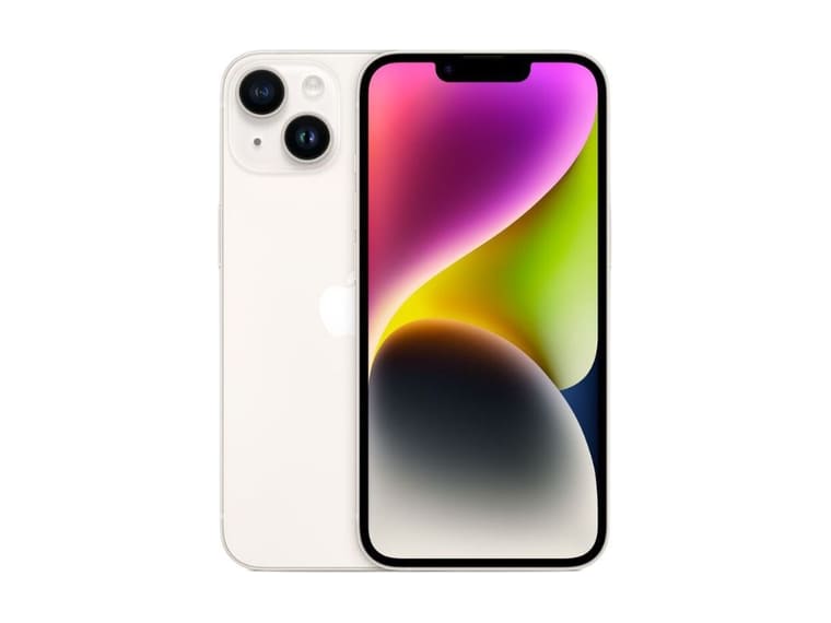 An Apple iPhone 14 in starlight, shown from the back and the front